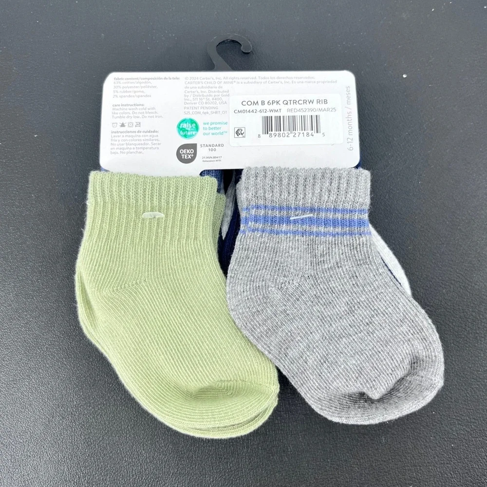 Boys 6-Pack Socks 6-12M Multi Quarter Crew Ribbed Striped Carter's Child of Mine